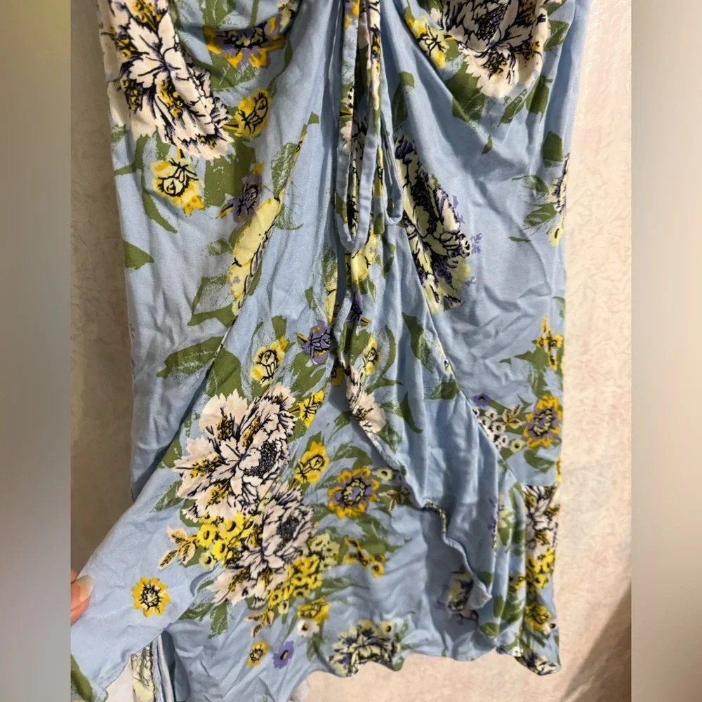 Free People Blue and Green Floral Ruched Adjustable Spaghetti Straps Mini Dress